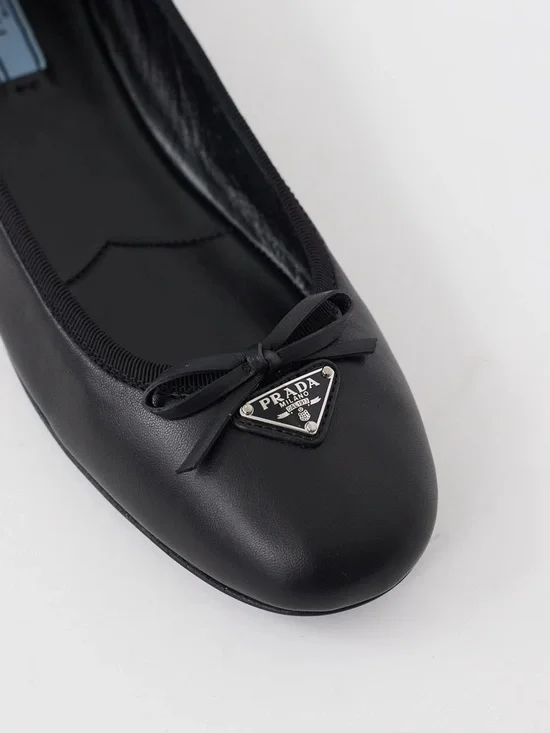 Prada Black Leather Triangle Logo Bow Flat 36.5 - Picture 2 of 11